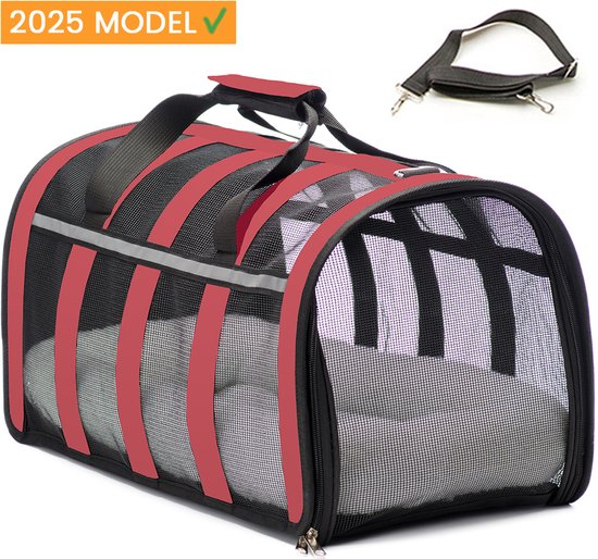 Katten reismand - 47x27x25cm - Reismand kat - Rood - Opvouwbaar met schouderband en comfortabele mat - Kattenmand - Extra stevig & veilig model