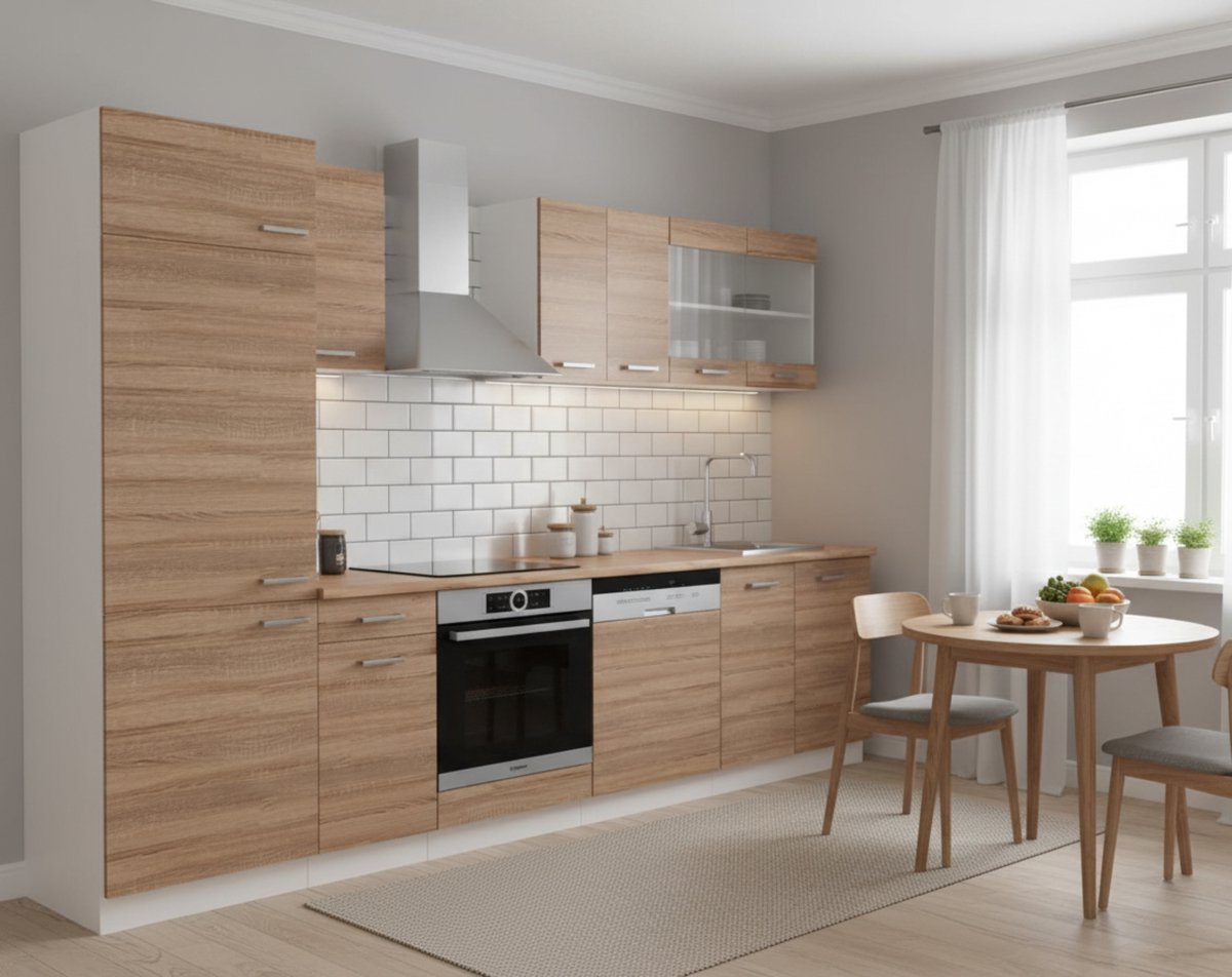 Keukenblok 300 cm Sonoma/Wit – Moderne Complete Keukeneenheid met Eiken Werkblad, Stofdicht Design, 60x300x207 cm – R-Line Serie Luxe Keukenmeubel – Novihome