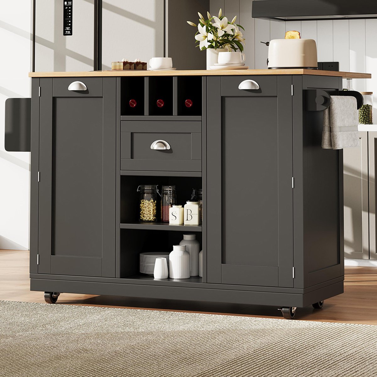 BLACKCOLORS - Keukeneiland - Eetkamerwagen met Werkblad - Buffet met Houtnerf - Zijdelingse Handdoekhouder en Flessenrek - Met Wieltjes - Zwart