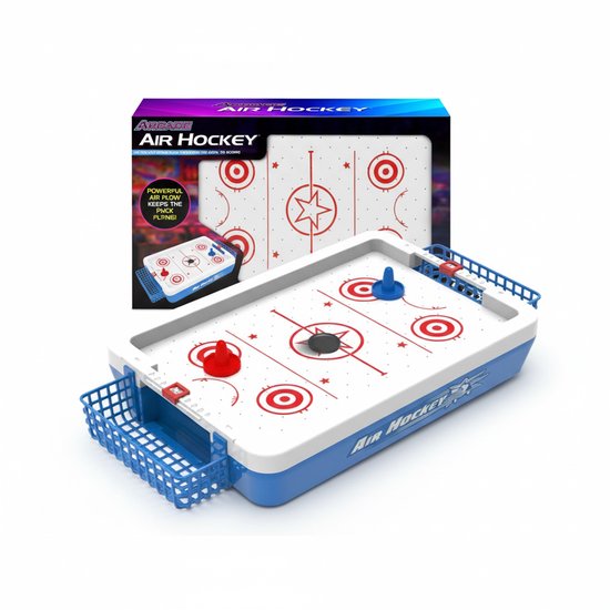 Arcade Air Hockey spel met speelveld met cirkels en sterren, deels uitgepakt.