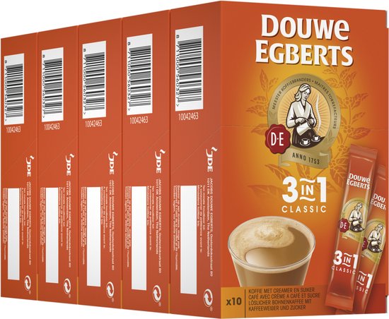 Verpakking met 6 dozen Douwe Egberts 3in1 classic oploskoffie met mokkakleurige mok.