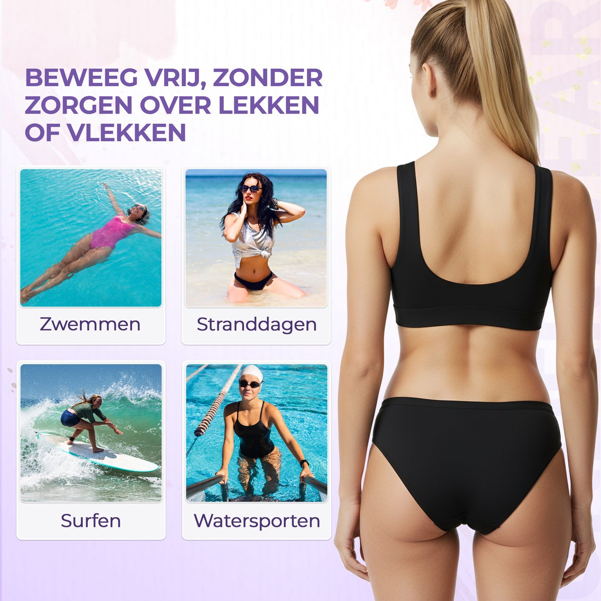Menstruatie Zwemslip - Eline - 4 Laags - Lekvrij Menstruatie Zwemkleding - Period Underwear - Menstruatie Ondergoed Dames - Incontinentie Zwembroekje - Wasbaar - Herbruikbare Inlegkruisjes - Tampons - Maandverband - Incontinentiebroekjes — afbeelding 11
