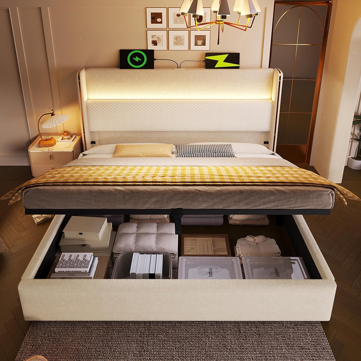 BLACKCOLORS - Modern Hydraulisch Bed met Hoog Hoofdeinde - Tweepersoonsbed 140x200 cm - Met LED-verlichting, Opbergruimte en USB/Type-C - Beige Linnenlook - Zonder Matras