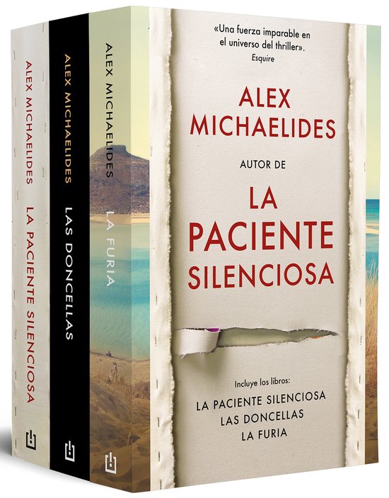 Coffret de livres Alex Michaelides comprenant 'La paciente silenciosa', 'Las doncellas' et 'La furia' sur les couvertures.