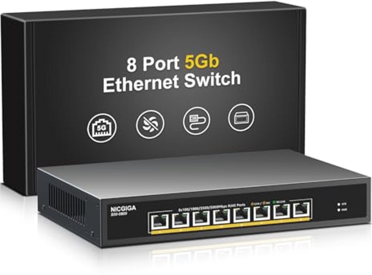 8-poorts 5 Gb Ethernet-switch met 5G Ethernet-poorten voor snelle netwerken