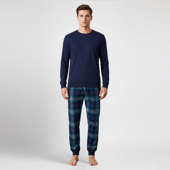 Ensemble pyjama La V pour homme, composé d'un pantalon en flanelle à carreaux et d'un haut à col V , bleu foncé, S