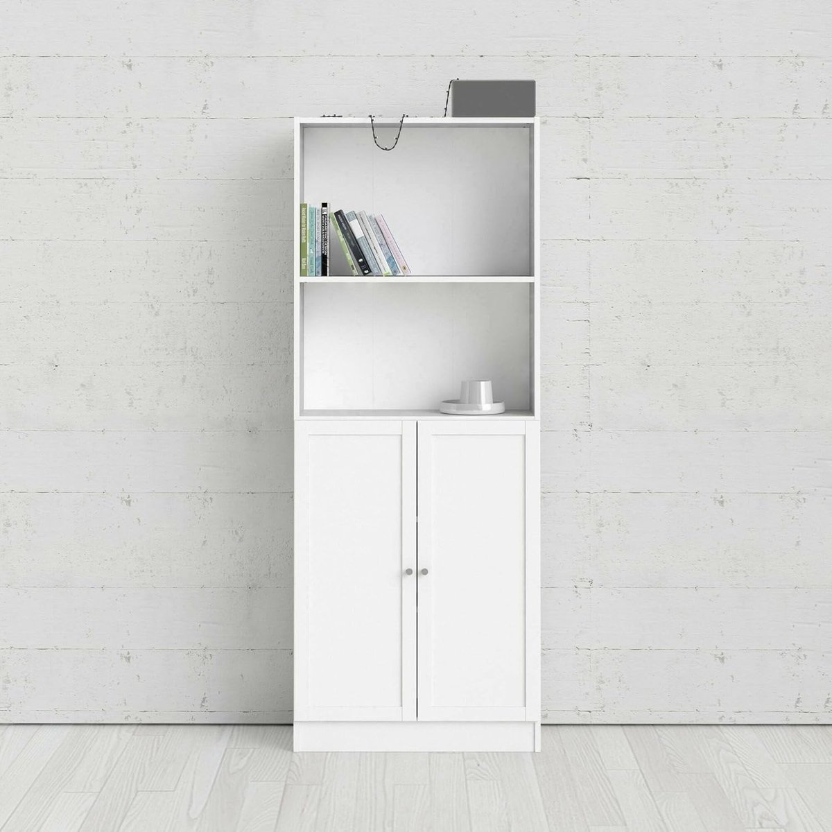 Anastasia Moderne Boekenkast voor Kantoor en Thuis, Mobiele Boekenhouder met Opbergruimte en Planken, Wit 79 x 28 x 203 cm