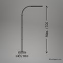 Technische tekening van een witte staande lamp met afmetingen: maximale hoogte 1700mm, voetdiameter 210mm.