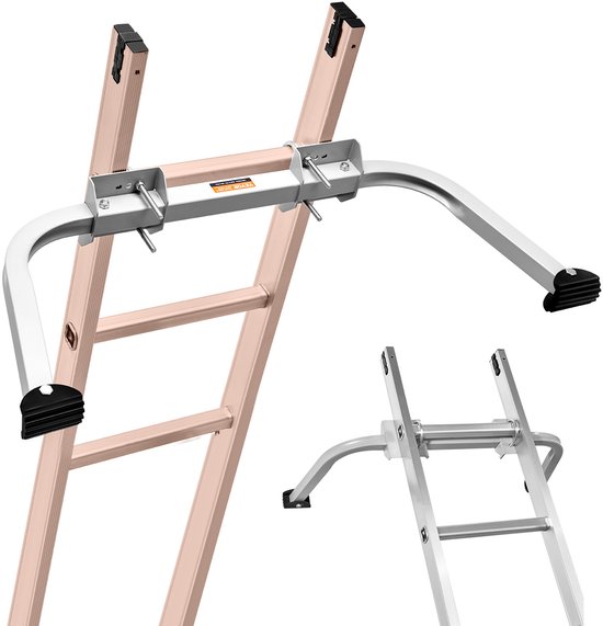 Ladderstabilisator op een beige ladder, met een kleinere, afzonderlijke weergave van de stabilisator op een aluminium ladder.