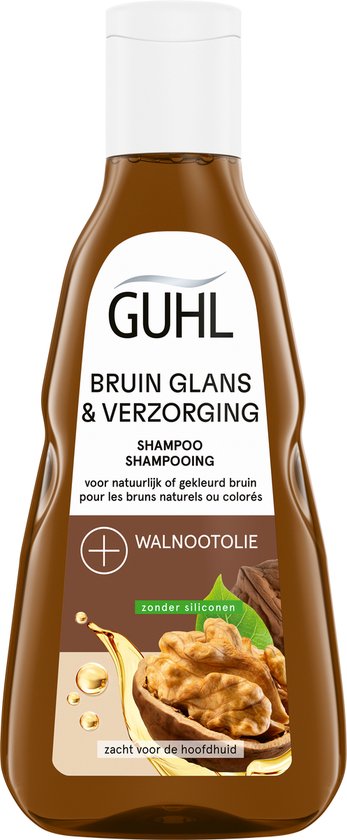 Guhl bruin glans & verzorging shampoo met walnootolie. Bruine fles met witte dop. Zonder siliconen.
