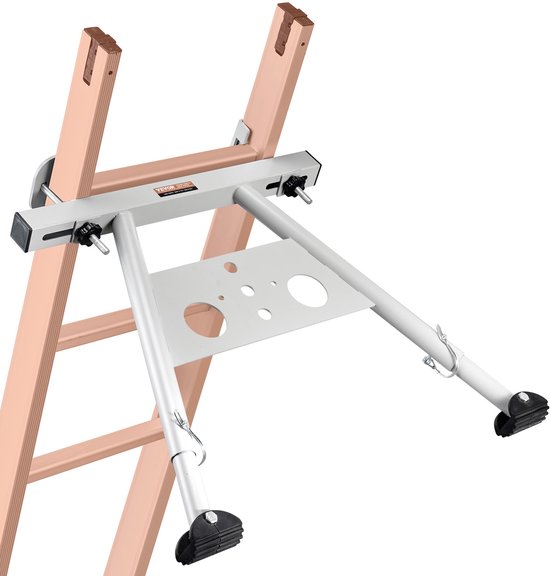 VEVOR ladder stabilisator met verstelbare poten en rubberen voetjes, gemonteerd op een roze ladder.