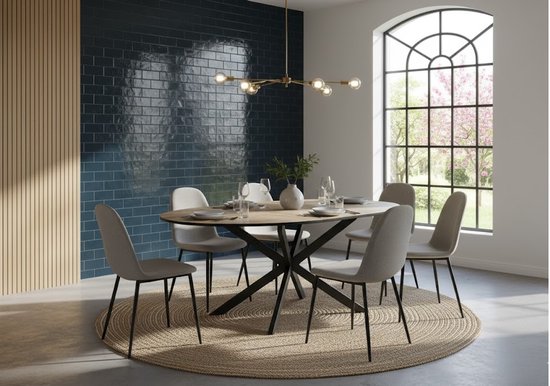 Table de salle à manger ronde extensible Loydra – Design moderne Zwart et Chêne rustique, 120-160 x 76,5 cm – Piètement métallique robuste – Table de cuisine gain de place pour 6 à 8 personnes – Novihome