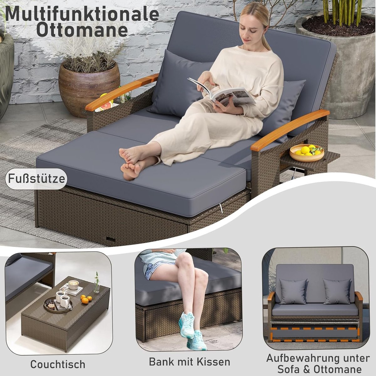 3-in-1 Luxe Polyrotan Ligbed met Verstelbare Rugleuning, Opklapbare Zijplank & Kruk – Dubbele Tuinloungebank met Kussens – Weerbestendig Lounge Bed voor Tuin & Terras – Grijs