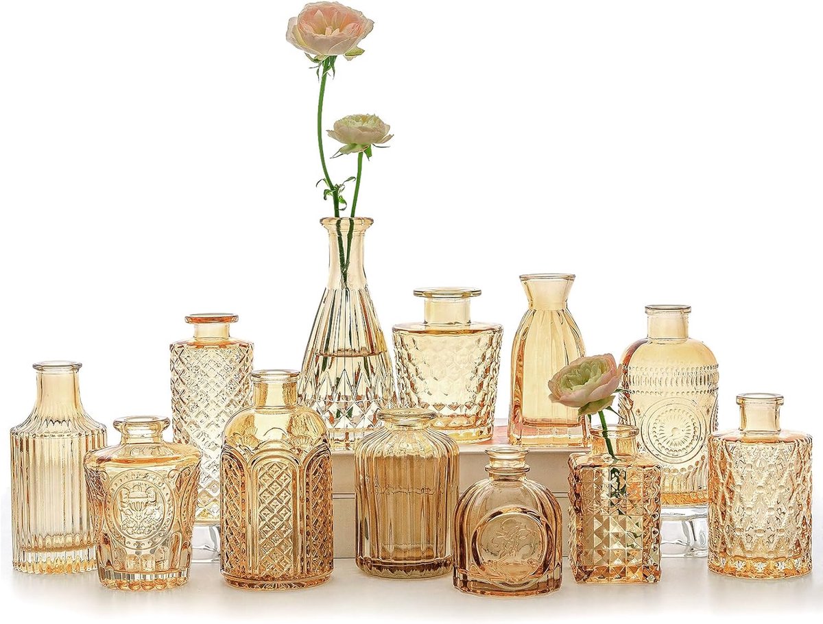Famanu - 12 Stuks Glazen bud vaasset, kleine amberkleurige bloemenvazen voor centerpieces in bulk, mini vintage vaas voor bruiloft, huis, tafeldecoratie