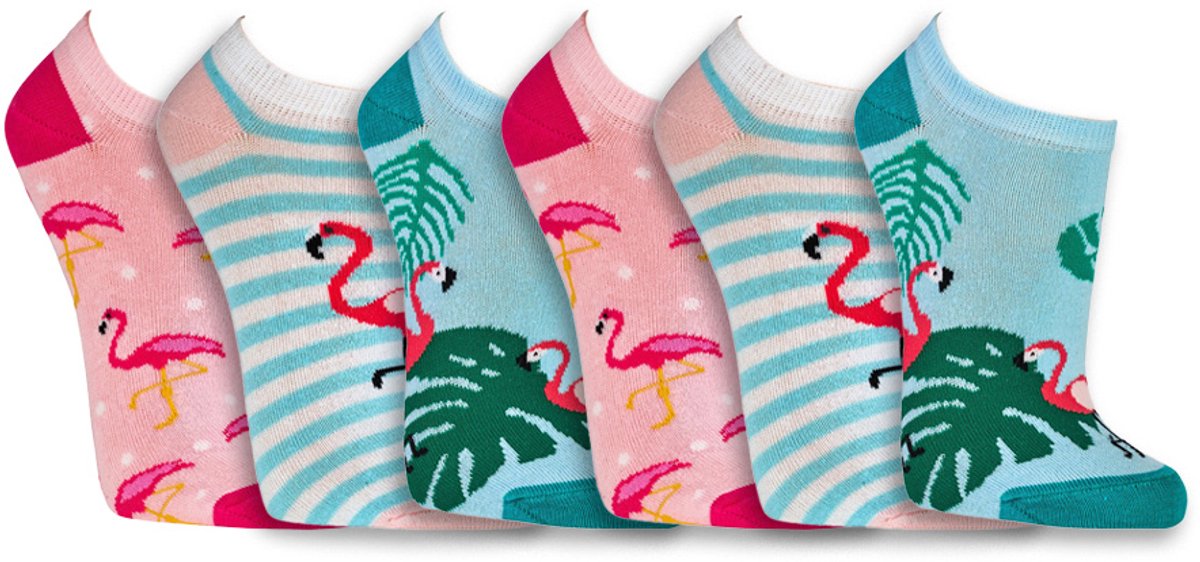 Vrolijke sneakersokken | Dames sokken | Merk: Socks4Fun | Maat: 35 t/m 42 | Thema: Flamingo | 6 Paar