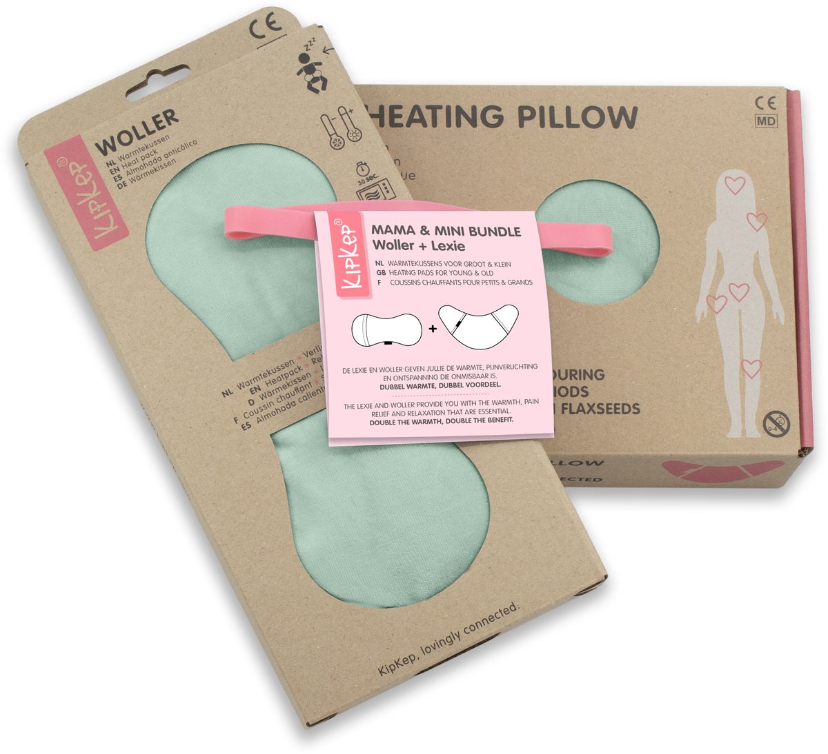 KipKep Mama & Mini Bundle – Lexie & Woller Warmtekussens - Set voor Moeder en Baby – Pale Green, groen
