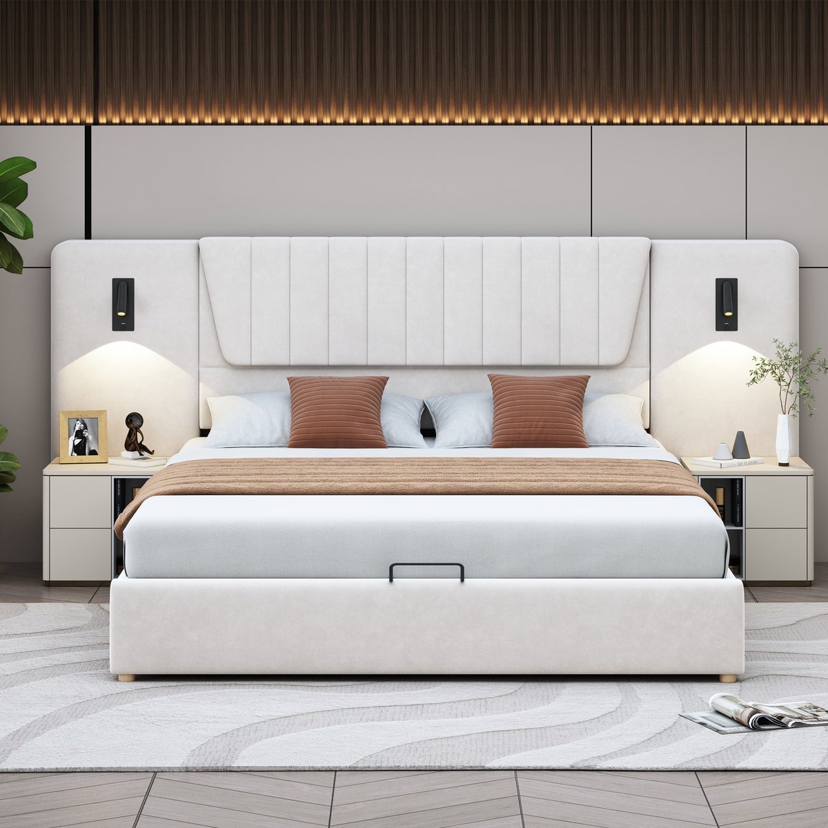 Merax Tweepersoonsbed 180x200cm - met verlengd hoofdeinde - verstelbare leeslamp - USB-oplaadpoort - met opbergruimte - beige - zonder matras