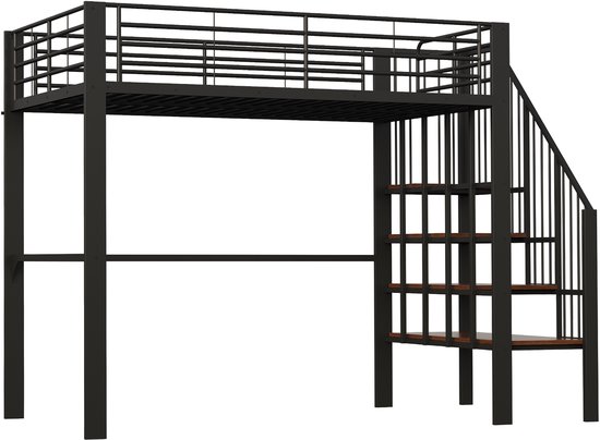 Hoogslaper, 140*200cm, legplanken, opbergtrap, vrije ruimte onder het bed voor