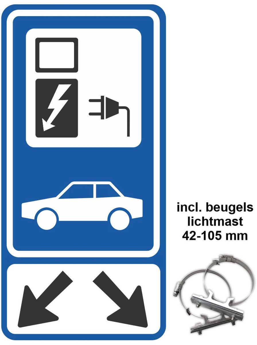 Verkeersbord Laadpaal bord - Laadplaats bord elektrische auto 40x80 cm reflecterend - elektrisch laden bord + Lichtmastbeugels ø 93-156 mm