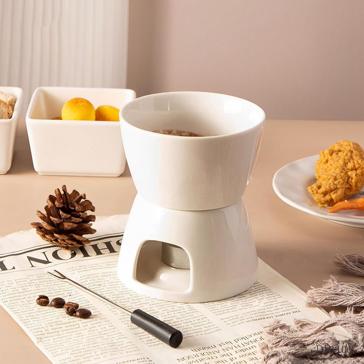 Kaasfondue Set - Met Waxine Kaars Inbegrepen - Fonduepan - Ook voor Chocolade - Chocolade Fondue - Porseleinen Fondue - Wit – foto 6