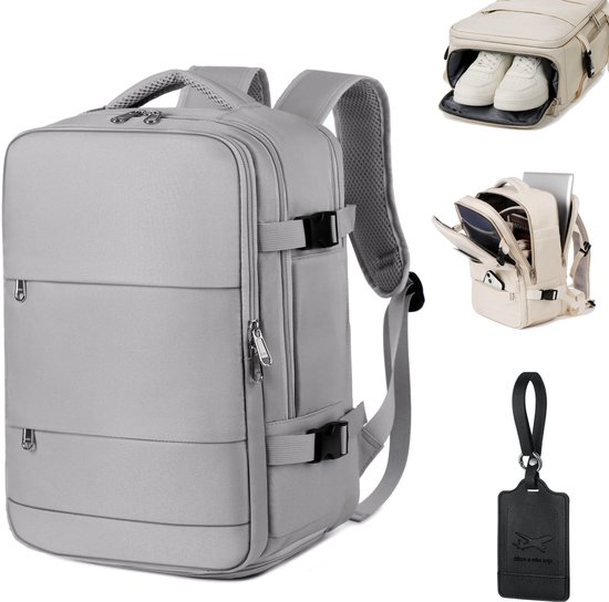 ADEL Handbagage Reistas 40x30x20 cm met Schoenenvak – Cabin Bagage Underseater – Geschikt voor alle Airlines – Rugzak Incl. Bagagelabel – Grijs