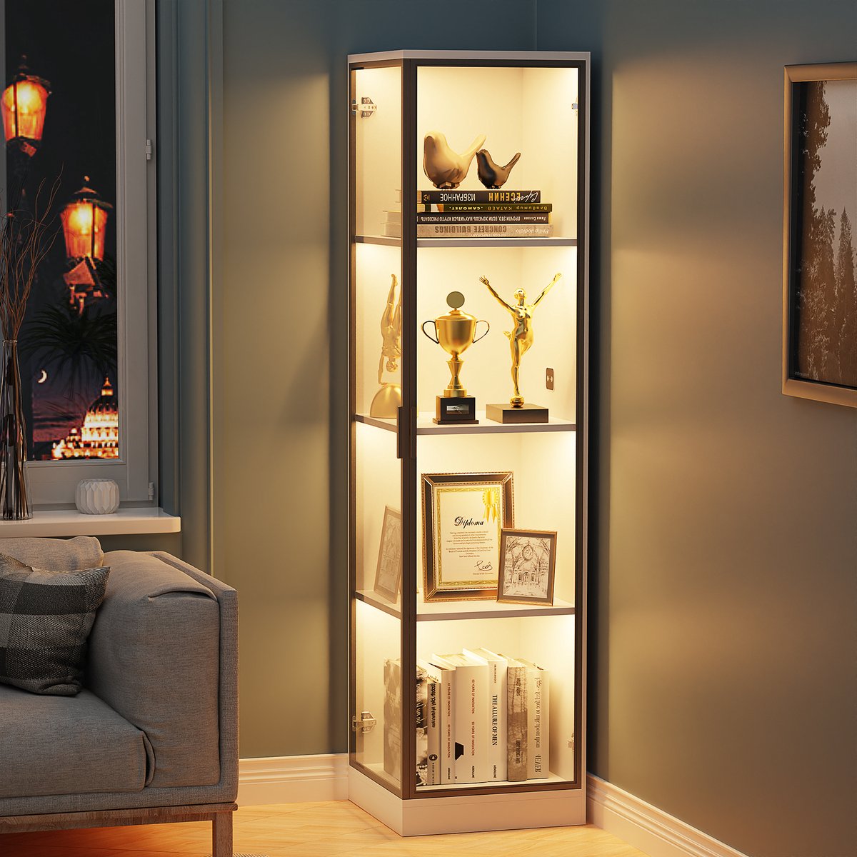 BROTTAR Hoekkast met LED Verlichting – Moderne Kast voor Woonkamer, Slaapkamer of Kantoor met Slimme Sensor en Aanpasbare Verlichting