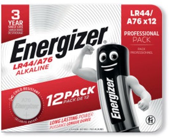 Emballage de 12 piles bouton alcalines Energizer LR44/A76, avec une pile cartoon montrant ses biceps.