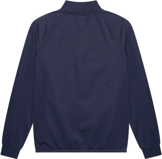 Achterkant van een donkerblauwe trainingsjas.