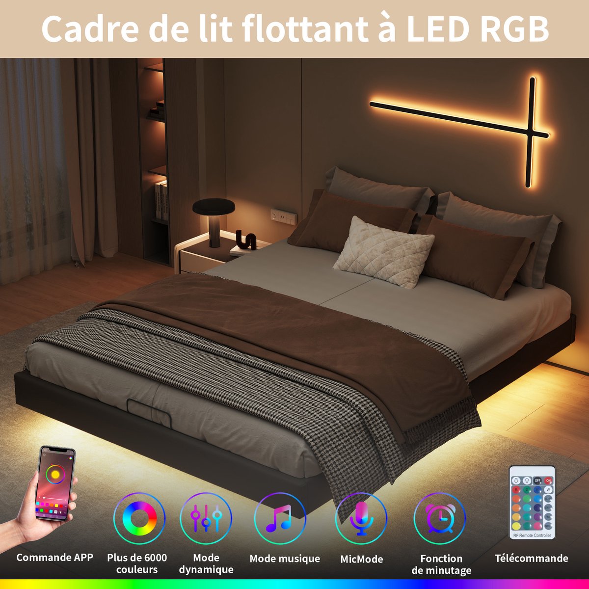 ROSAHQNDA Gestoffeerd bed, 160 x 200 cm, tweepersoonsbed met opbergruimte, zwevend design, zonder hoofdbord, geschikt voor volwassenen en tieners, lattenbodem, PU, ​​matras niet inbegrepen, zwart (wordt in 2 pakketten verzonden).