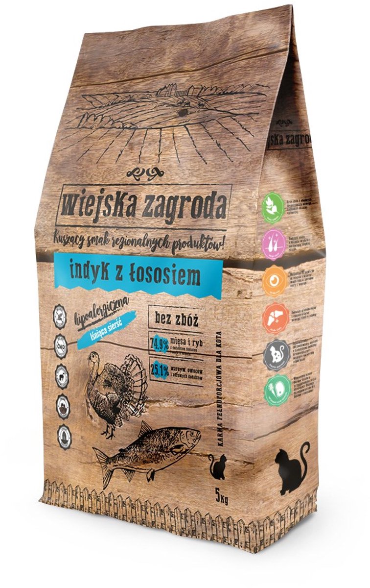 WIEJSKA ZAGRODA Wiejska Zagroda Indyk & Zalm – Droogvoer voor Katten – Graanvrij – Hoog Eiwitgehalte – Met Natuurlijke Ingrediënten
