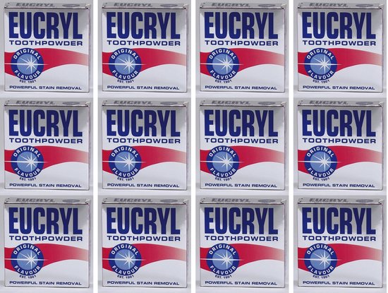Twaalf pakjes Eucryl Original Toothpowder, wit met blauw en rood logo. "Eucryl Toothpowder Original Flavour Est. 1901 Powerful Stain Removal".