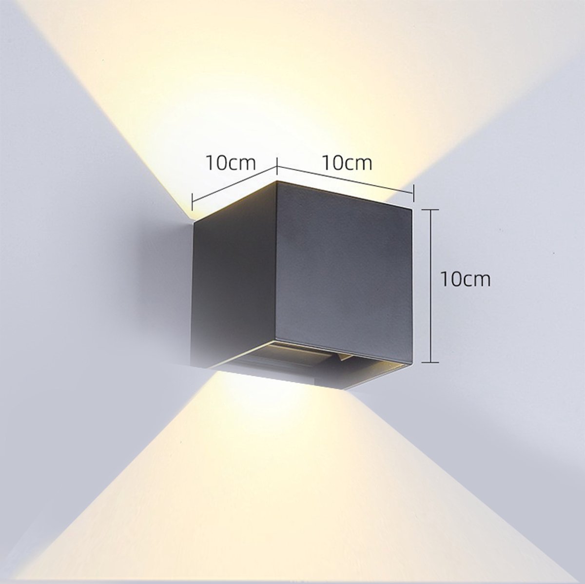 LED wandlamp, vierkant, zwart, aluminium, 12W, warm wit, 10x10x10cm,waterdicht, verstelbaar, set van 2, geschikt voor binnen- en buitengebruik.