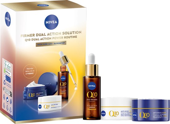 NIVEA Q10 Firmer Dual Action Solution Trial Geschenkset voor Vrouwen - Cadeaupakket Verjaardag Vrouw - Anti-Rimpel Skincare Routine - Serum, Dagcrème & Nachtcrème