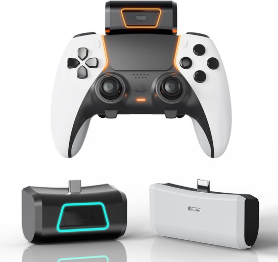 Witte/zwarte controller met zwarte powerbank met oranje LED-rand. Daaronder: zwarte powerbank met blauwe LED-rand en witte powerbank.