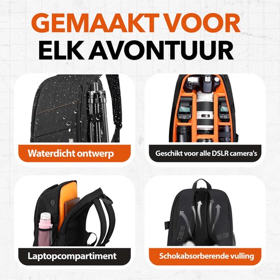 Zwarte rugzak met waterdicht ontwerp, laptopvak, schokabsorberende vulling en opengewerkt interieur voor camera-apparatuur.