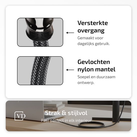 Versterkte overgang en gevlochten nylon mantel van een HDMI-kabel. Strak en stijlvol.