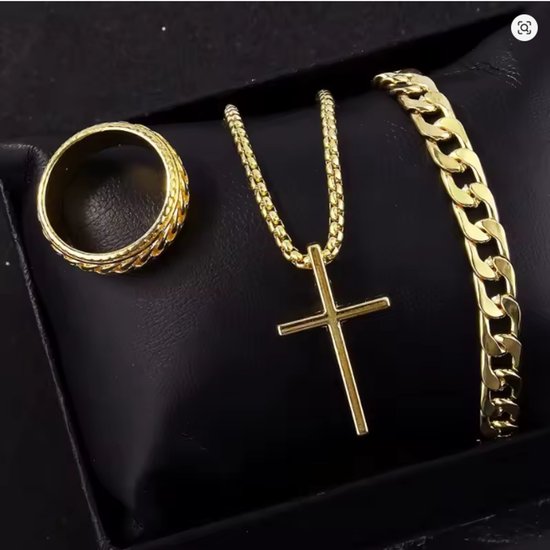 Fler® | Heren Sieradenset 3-delig: Ring, Armband & Kruis Ketting | Goud | Valentijnsdag | Sinterklaas kado | Kerstcadeau | Verjaardagsgeschenk | Vriendschap