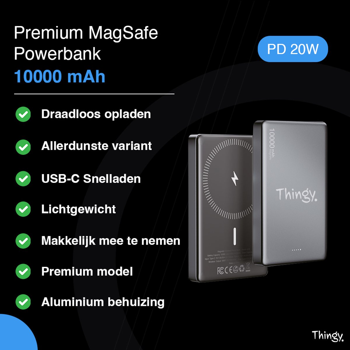 Thingy Premium Powerbank 10000 mAh - Draadloos Opladen - 20W - afbeelding 2