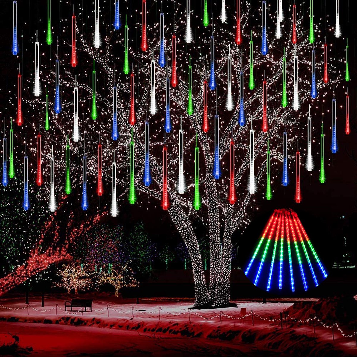 MUPOO 3x Kerstverlichting Meteorenregen Lichtsnoer voor buiten- 30cm 192 LEDS Veelkleurig - Vallende Sterren Effect-360° Buitenverlichting -Energiebesparing en milieubescherming- Perfect voor Gevelverlichting en Feestdecors