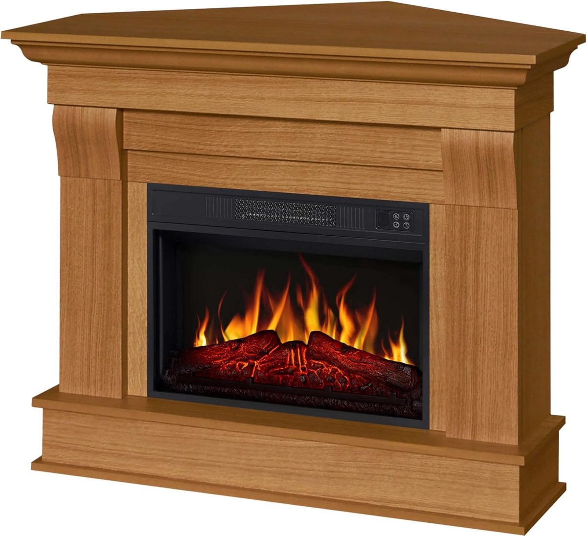 Elektrische hoekhaard Novihome Albion Luxe – 1800W sfeerhaard met realistisch 3D vlameffect, LED verlichting, afstandsbediening, thermostaat & timer – Vrijstaande elektrische open haard in licht eiken – Moderne design sfeerhaard met knettereffe