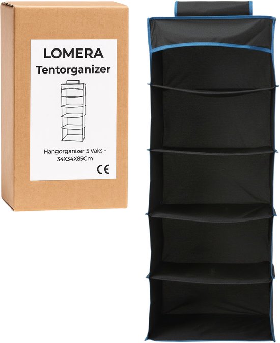 Lomera Tentorganizer, 5 vakken hangorganizer, 34x34x85cm. Zwart met blauwe bies.