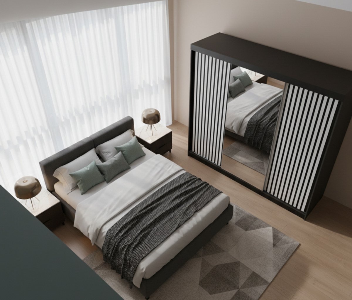 Kledingkast met Spiegel & Schuifdeuren Modern 200x205x59 cm – Ruime Garderobekast met Hanggedeelte en Planken – Grafiet Wit – Luxe Schuifdeurkast voor Slaapkamer of Woonkamer – Novihome