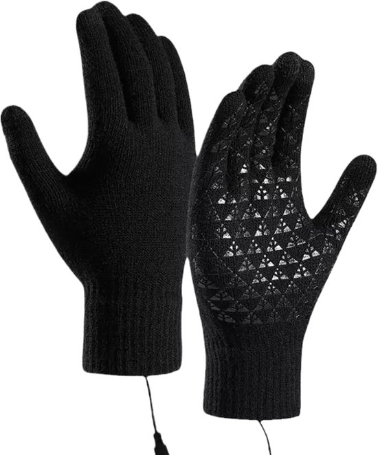 Paar zwarte gebreide handschoenen, één met de palm zichtbaar met antislip diamanten patroon.