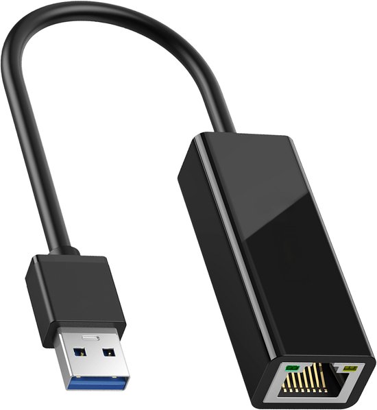 Zwarte USB-A naar Ethernet adapter met een korte, gebogen kabel.