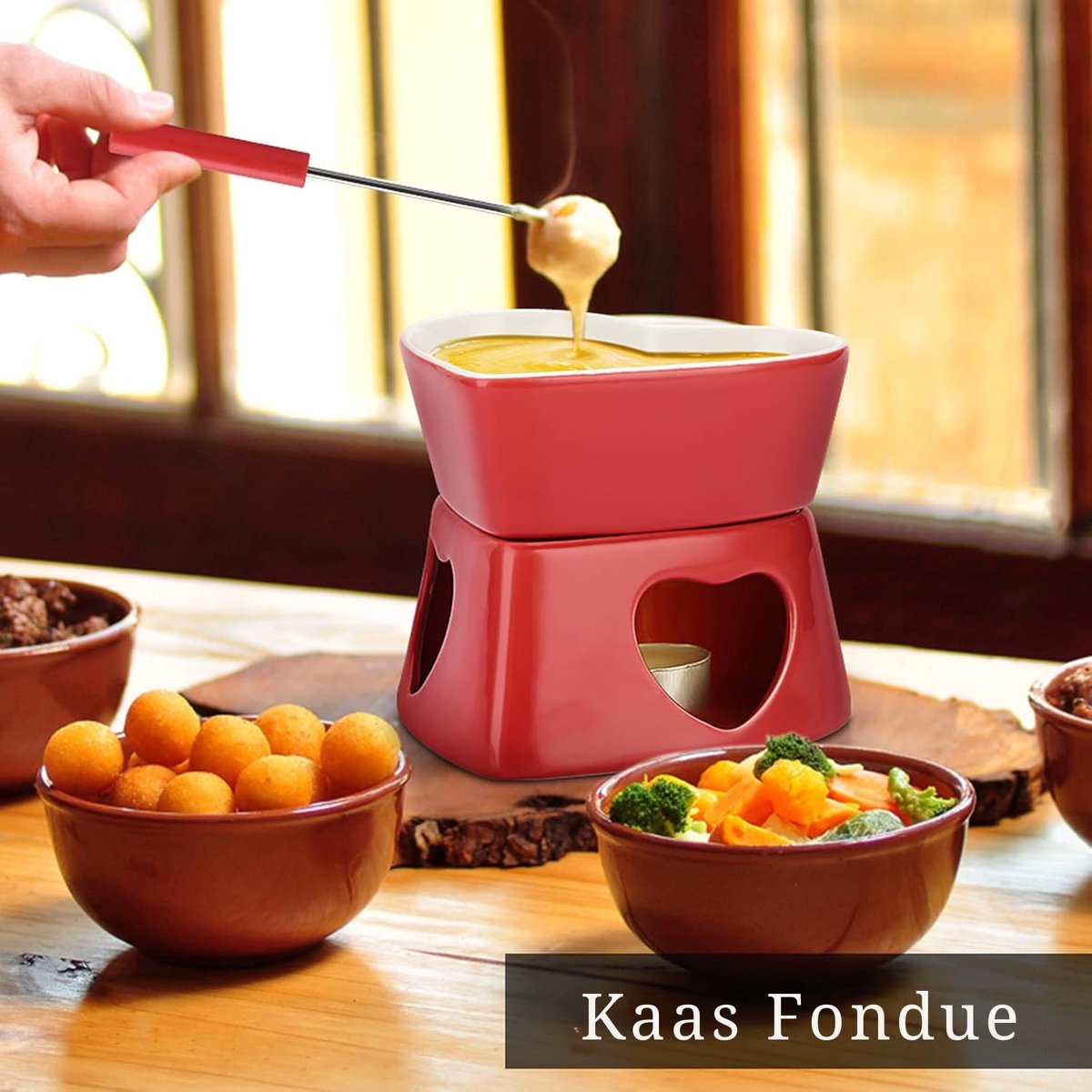 Kaasfondue Set - Hartvormig - 320 ML - Keramische Chocoladefondue Set - Theelichtfondue - Rood – foto 5