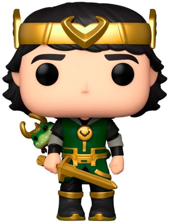 Kid Loki Funko Pop figuur in groen met goud, met drakencape en gouden zwaard.
