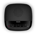 Zwarte Philips wekkerradio van bovenaf gezien, met knoppen en speaker.