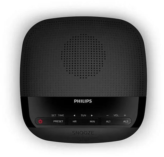Zwarte Philips wekkerradio van bovenaf gezien, met knoppen en speaker.
