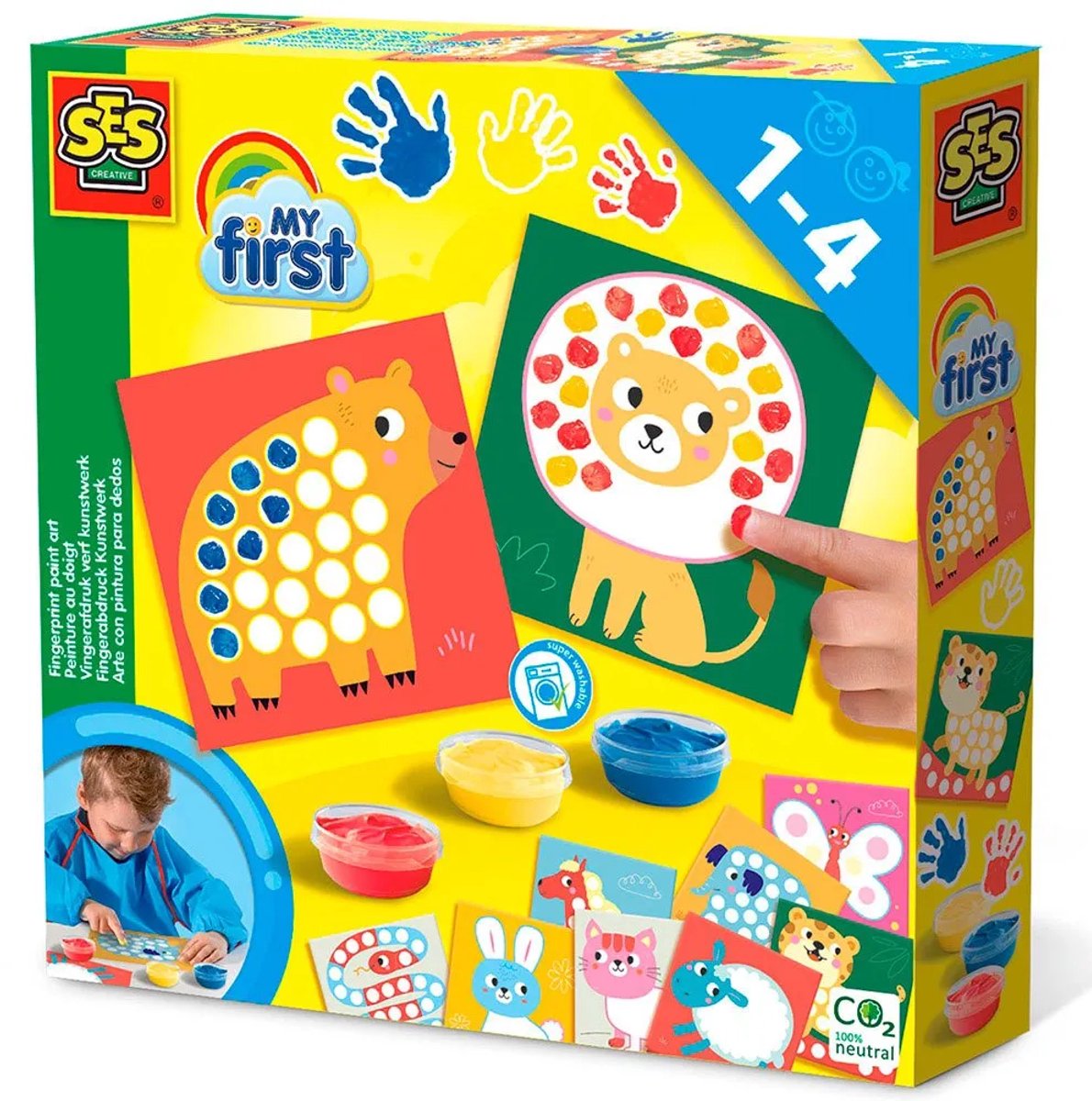 SES Creative - My First – Kunstwerk Stippen met Vingerverf - 3 kleuren vingerverf - 10 kleurplaten met dieren – Glutenvrije verf - makkelijk uitwasbaar – vanaf 1 jaar