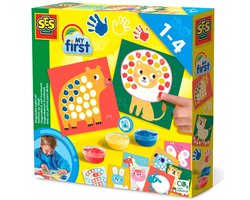 SES Creative - My First – Kunstwerk Stippen met Vingerverf - 3 kleuren vingerverf - 10 kleurplaten met dieren – Glutenvrije verf - makkelijk uitwasbaar – vanaf 1 jaar